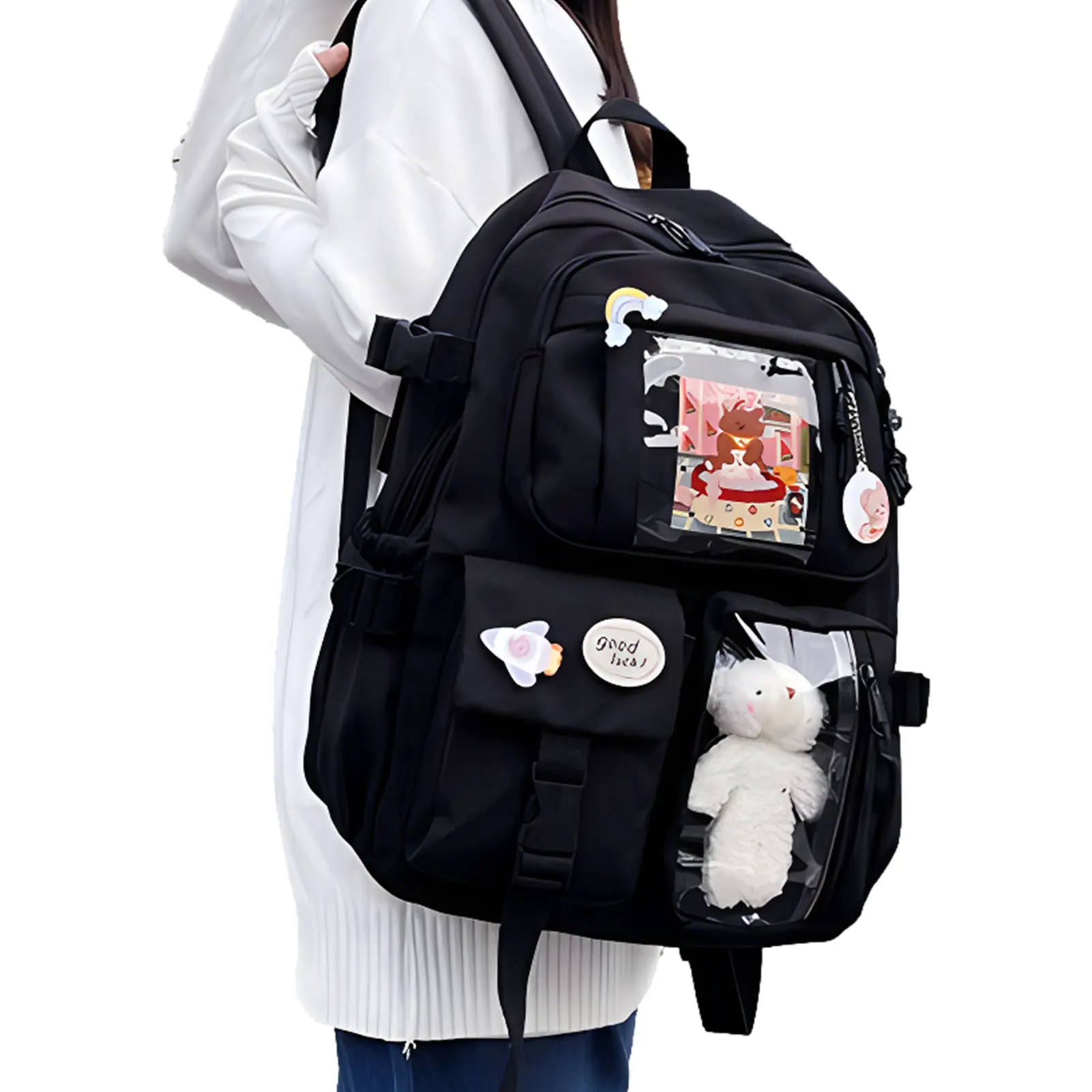 Kawaii Backpack Shoulder Bag With Pin And Accessories Large Capacity Aesthetic Backpack With Kawaii Pin For Cosplay School