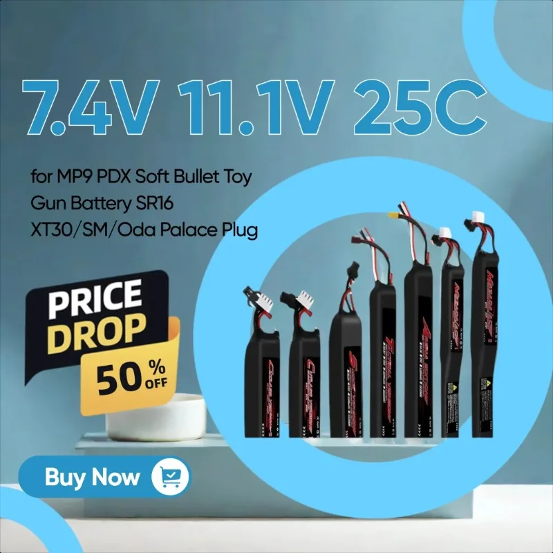 

7.4V 11.1V 25C Rechargeable Lithium Battery for MP9 PDX Soft Bullet Toy Gun Battery SR16 XT30/SM/Oda Palace Plug