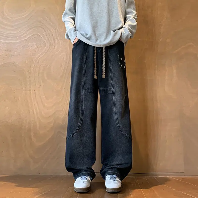 

Men's Spring And Autumn Casual Pants Work Clothes Large Size Straight Tube Loose Willow Ding Splicing Jeans Retro Washed Pants