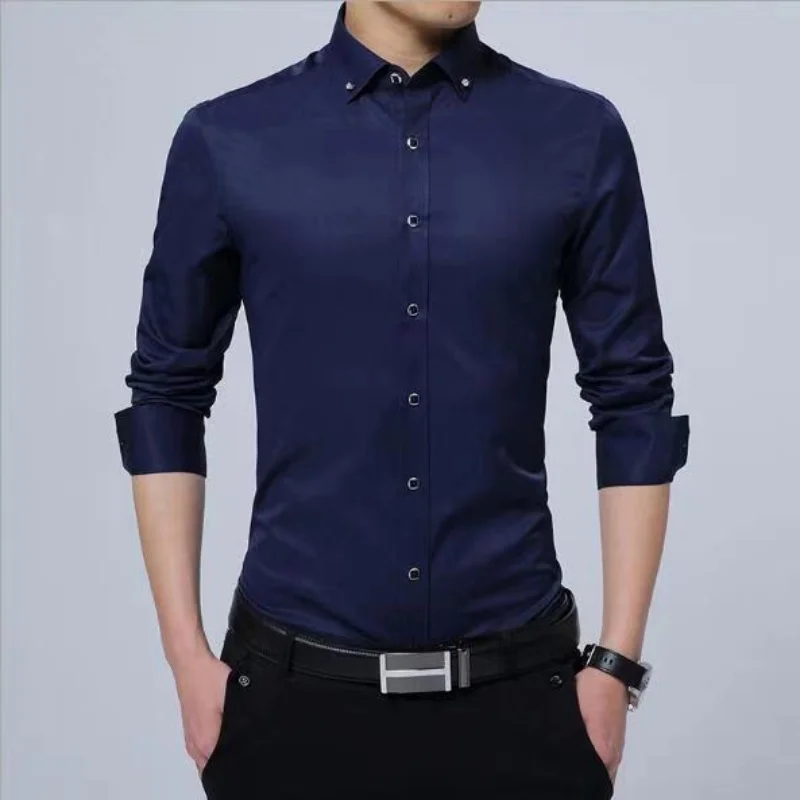 Long Sleeve Shirts for Men Spring and Autumn Korean Version Business Slim Dress White Shirt for Men Solid Color Thin Cotton