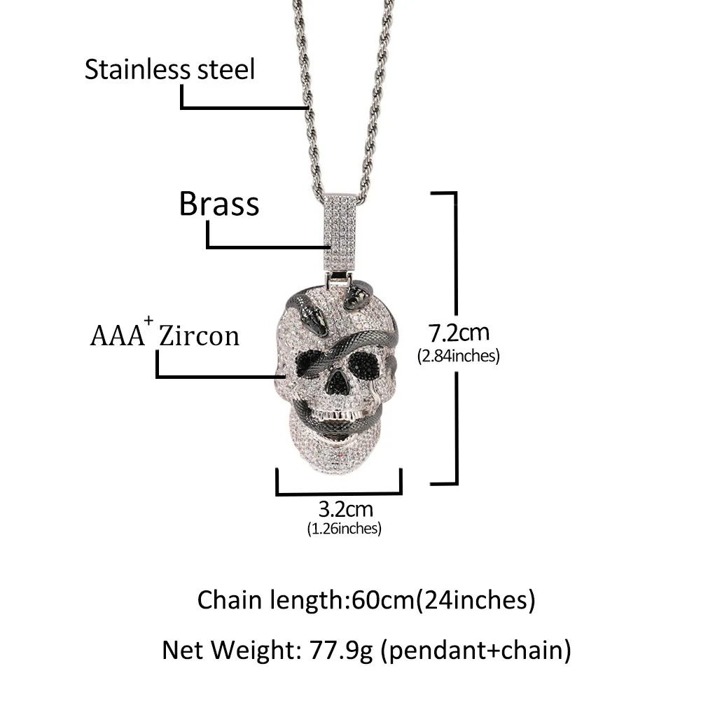 Chinese Style Lucky Coiled Snake Skull Pendant Necklace Copper Inlaid Zircon Retro Hip Hop Street Jewelry For Men 24 Inch Twiste