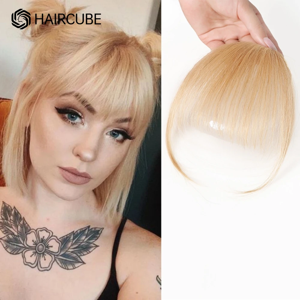 100% Human Hair Fake Bangs Hair Clip-In Bangs Fake Air Bangs Champagne Blonde Natural False Hairpiece for Women Clip In Bangs