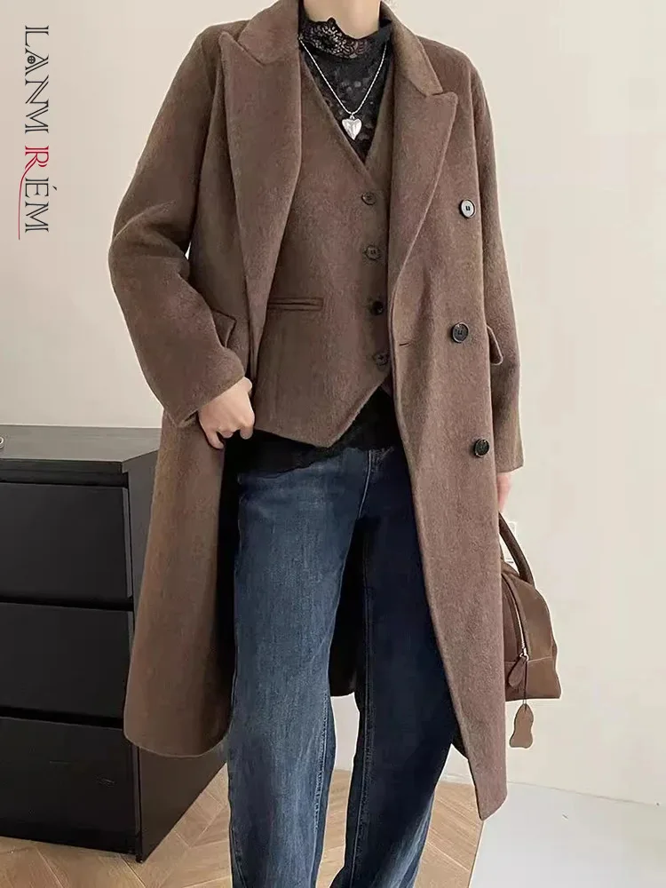 

LANMREM Winter Wool 2 Piece Long Coat For Women Notched Collar Double Breasted Solid Color Clothing Office Lady 2024 New 2VV215