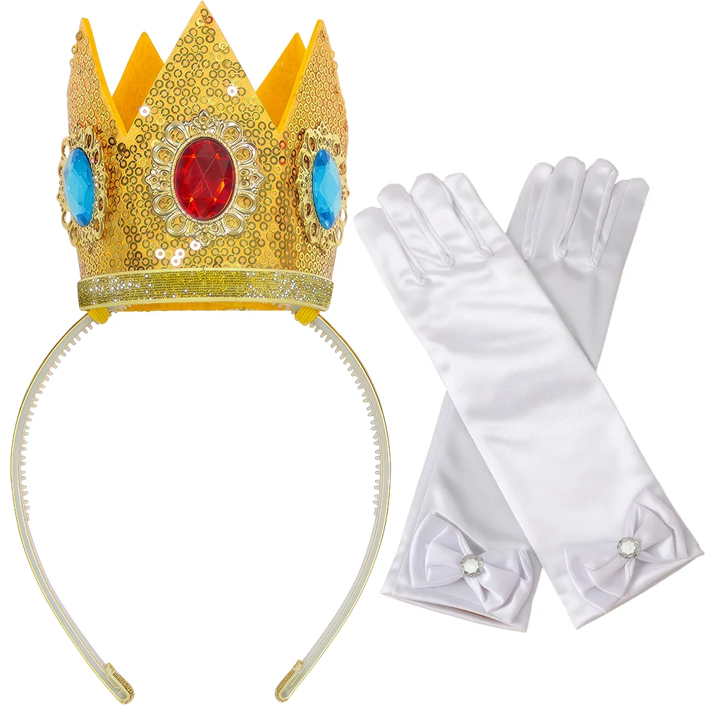 

Peach Cosplay Sequins Crown Accessories Princess Tiara Headband With White Gloves For Girls Halloween Birthday Party Dress Up