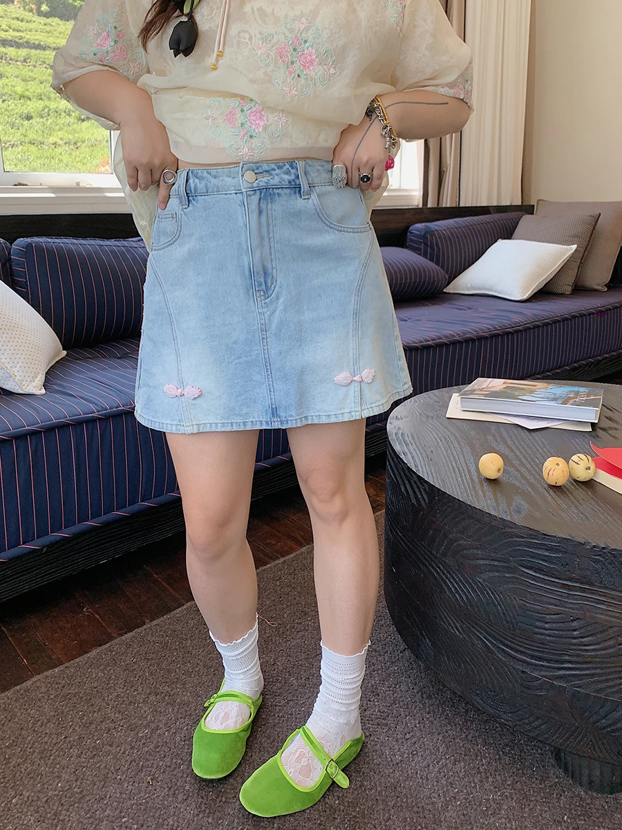 

Gold Large Button Splicing Denim Skirt Women's A-Line Skirt High Waist ort Skirt Cotton Polyester Blend Summer New