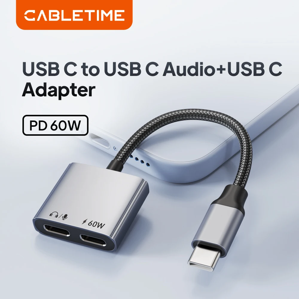 CABLETIME USB C to Dual USB C Adapter Headphone and PD 60W Fast Charger Aluminium Adapter Hi-Fi for IPhone 16 HUAWEI
