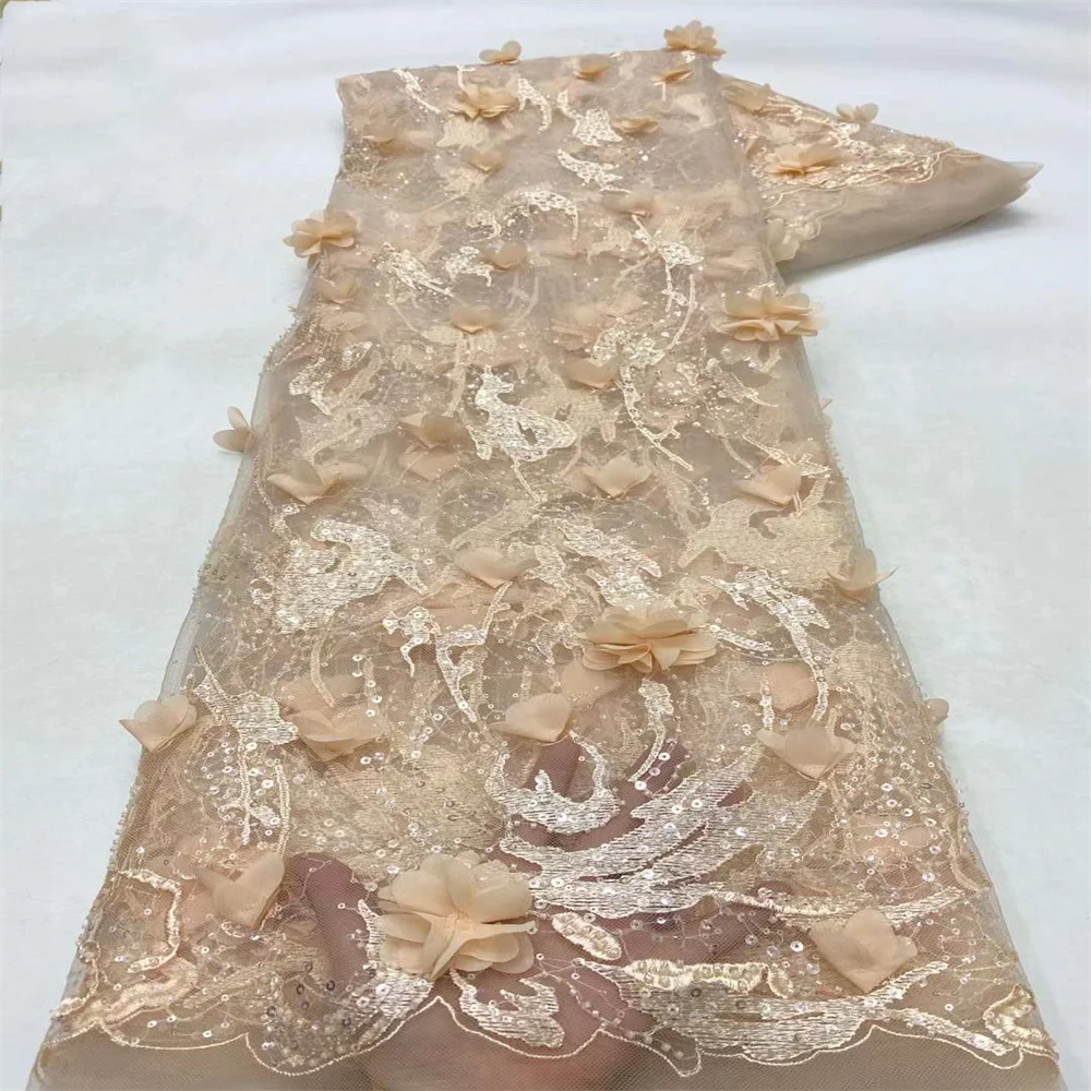 2024 africano 3D fiore tessuto di pizzo francese paillettes perline nigeriano cucito ricamo Tulle nigeriano tessuto di pizzo da sposa per abiti