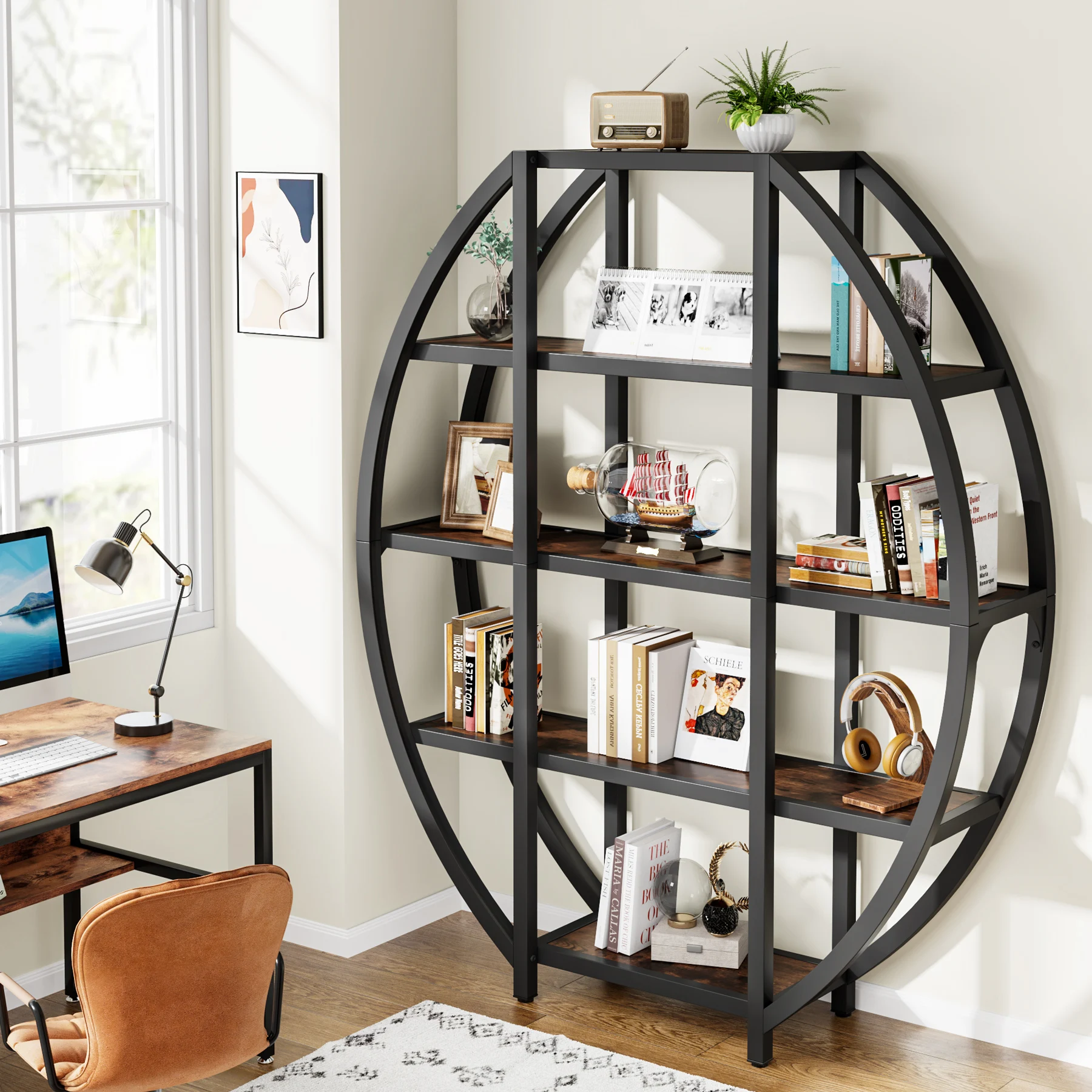 Tribesigns Etagere Bookcase, 5 Tiers Large Tall Oval Bookshelf, Industrial Wood Bookshelves