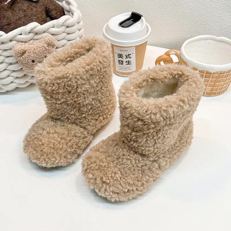 Winter Girls Fleece-Lined Warm Cotton Shoes Toddler Mid-Calf Furry Short Boots Girls Casual Soft-Soled Flat Warm Shoes Children