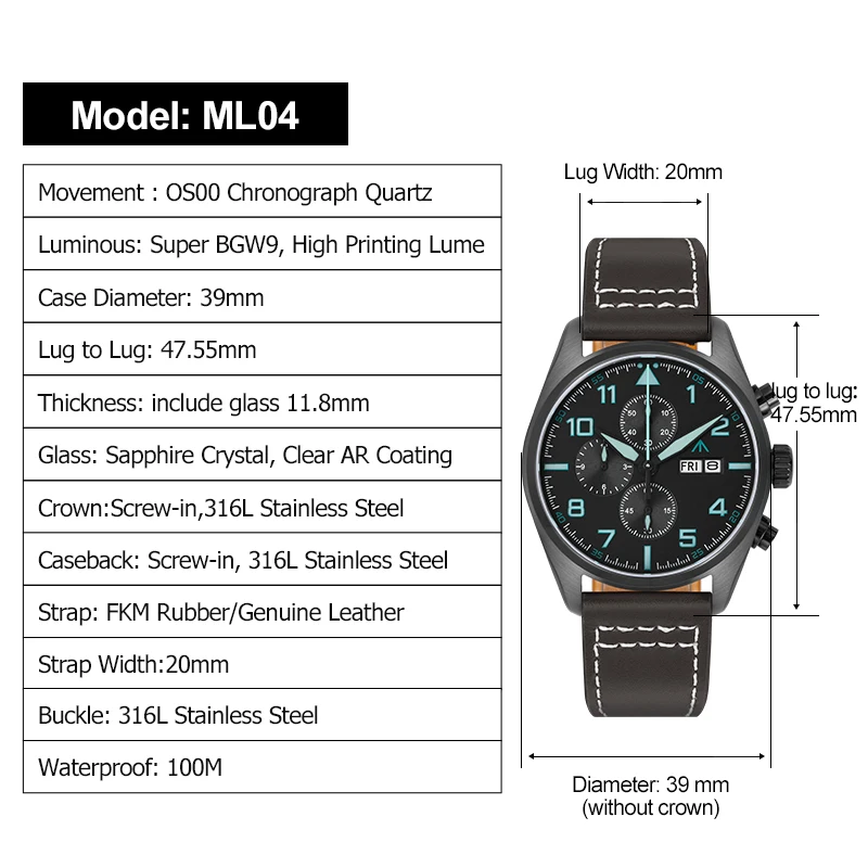 Militado ML04 39mm Chronograph Watch 316L Stainless Steel BGW9 Luminous Wristwatch Domed Sapphire Crystal Wristwatch