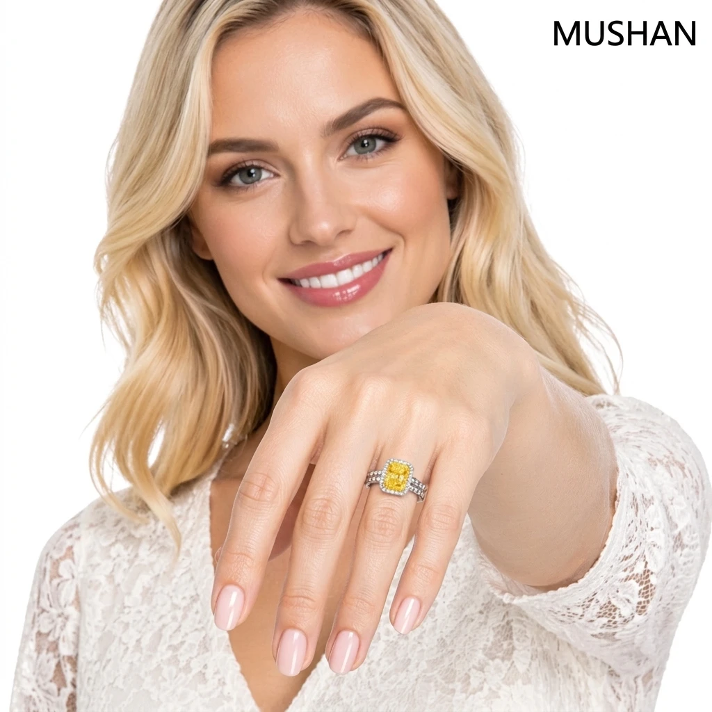 MUSHAN Luxury Jewelry S925 Pure Silver Four-Claw Square Cut Emerald Cut High-Carat Diamond Row Ring With Morganite Gemstones