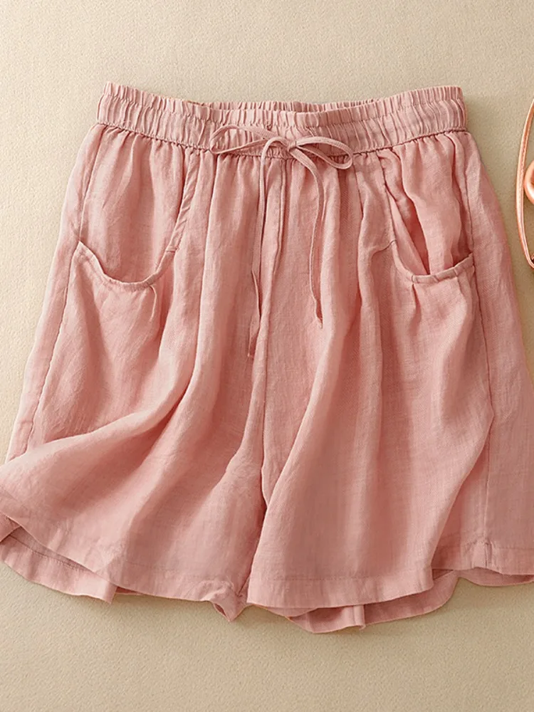 Calça casual de algodão e linho com pernas largas, saia ortod para mulheres, verão, fina, solta, plus size, cintura elástica, calças quentes de cinco quartos