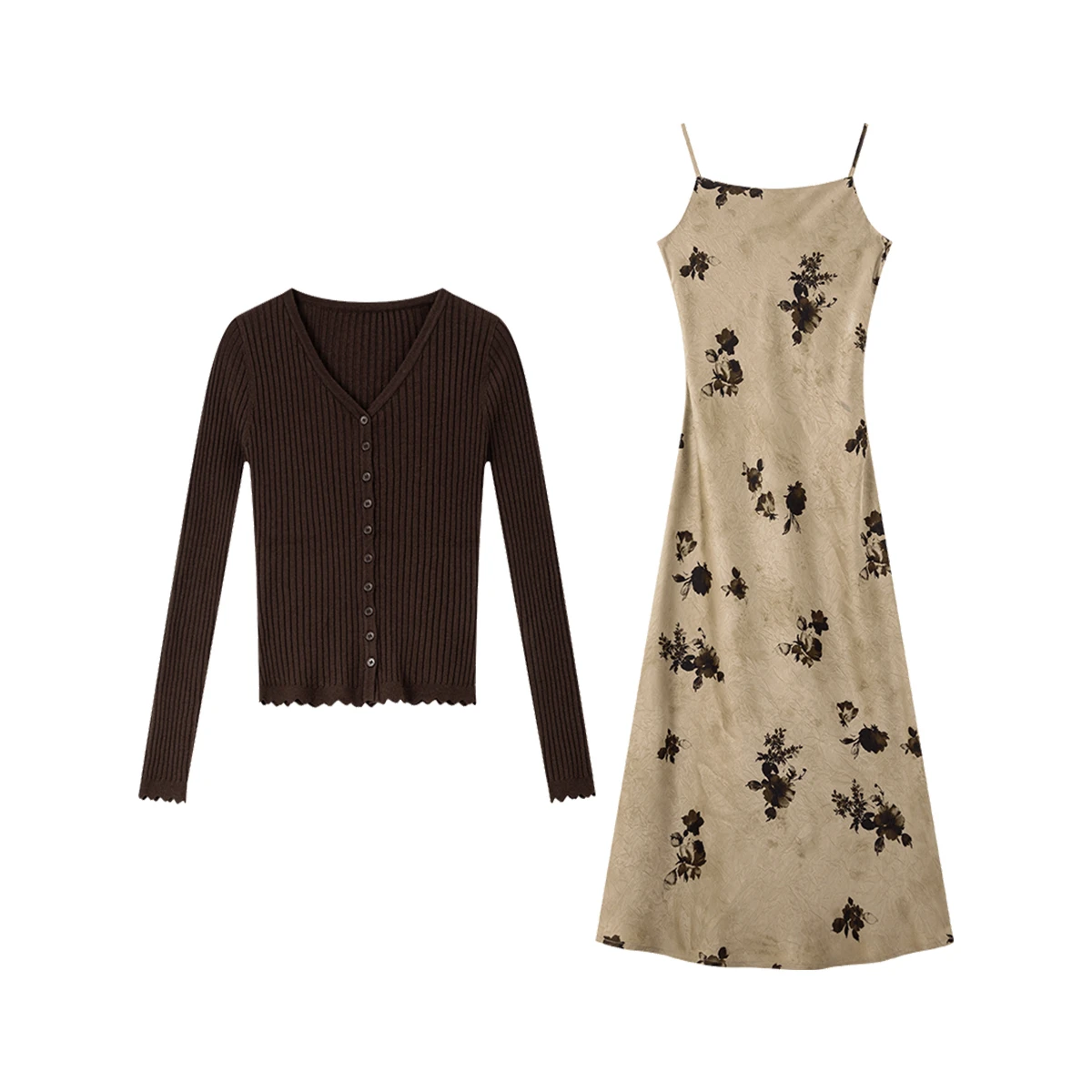 VIMLY 女性ドレスセット 2 枚秋 2025 ブラウンニットスリムカーディガンロングサスペンダードレスエレガントな女性のスーツ A2396