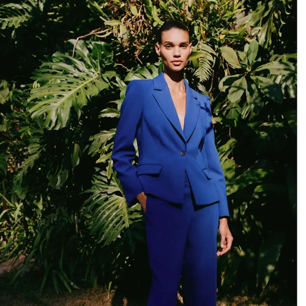 

High Quality Women's Suit Royal blue Peak Lapel Sinle Breasted Casual 2 Piece Jacket Pants Female Clothing Fashion Chic Office