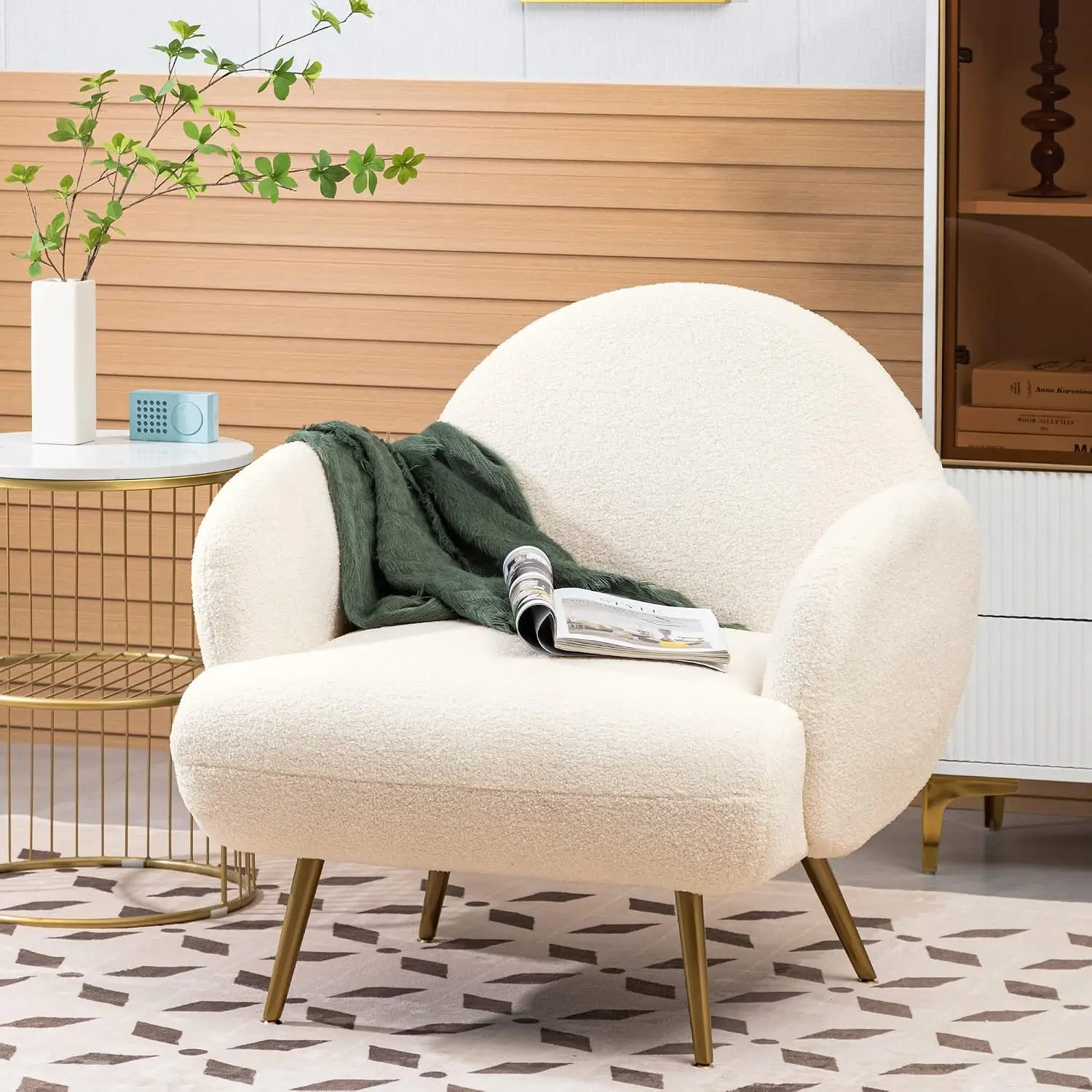 White Sherpa Accent Chair with Golden Metal Legs, Comfy Reading Chair for Bedroom & Living Room, Customized