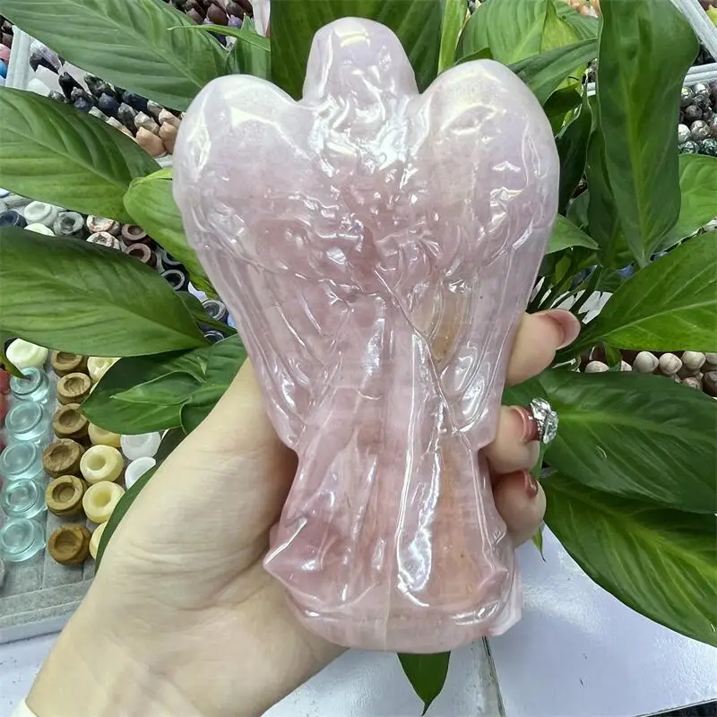 12.5MM Natural Aura Rose Quartz Angel Carving Crystal Reiki Healing Figurine Trinket Craft Gift Home Decoration 1pcs
