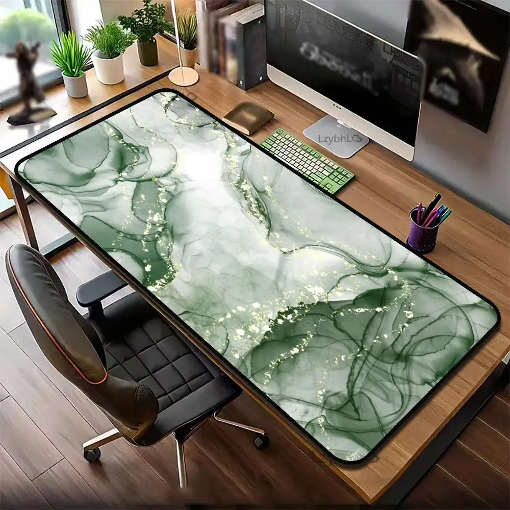 Green Gold Marble Texture Large Mouse Pad, Non-slip Desk Mat, Luxury Emerald Ink Marbling Gold Foil Extended Gaming Keyboard Pad