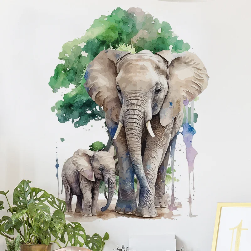 Watercolor Mother & Baby Elephant Wall Stickers, Green Tree Splash Ink Safari Animal Living Room Decor