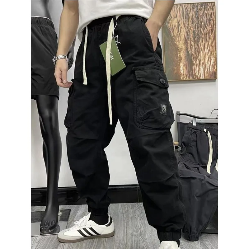 Solid Color Pockets Men's Clothing Spring Autumn Retro Elastic High Waisted Bloomers Trousers Korean Fashion Moto Biker Pants