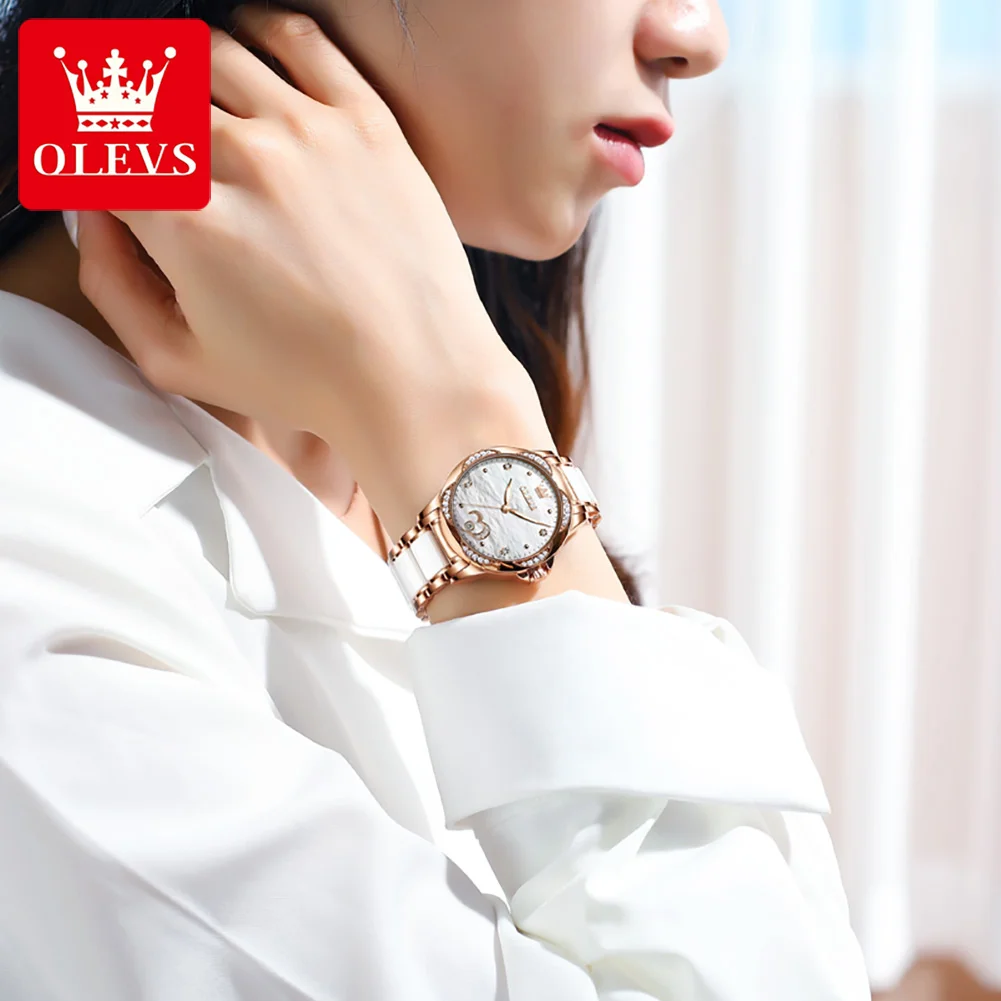 OLEVS 6631 Fashion Heart Design Diamond Bezel Ceramics Strap Ladies Mechanical Wristwatch Set Original Automatic Watch for Women