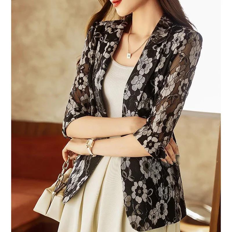 

Elegant Lapel Button Spliced Loose Printed Lace Blazer Women Clothing 2023 Autumn New Casual Tops All-match Office Lady Blazers