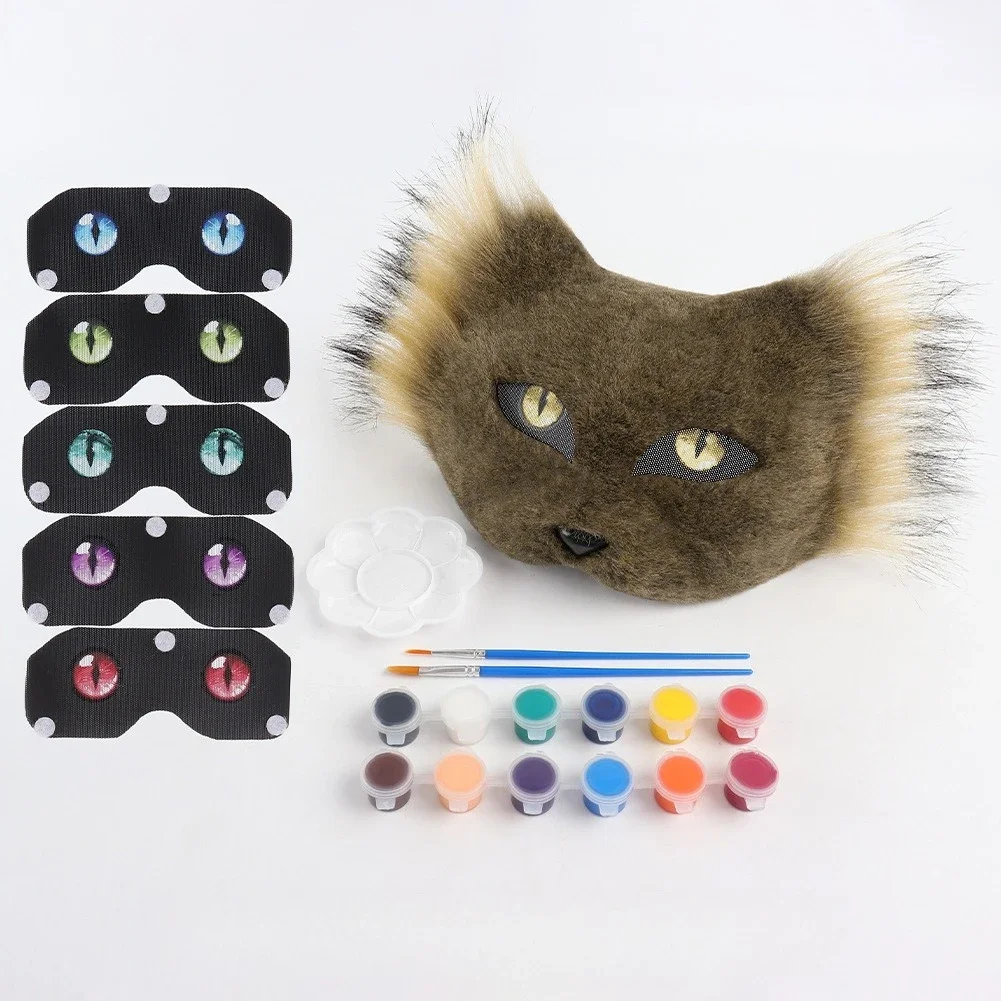 猫模擬コスプレマスク DIY ペイント獣の目マスク毛皮のような動物の変装コスチュームアクセサリー男性女性カーニバルホリデー小道具