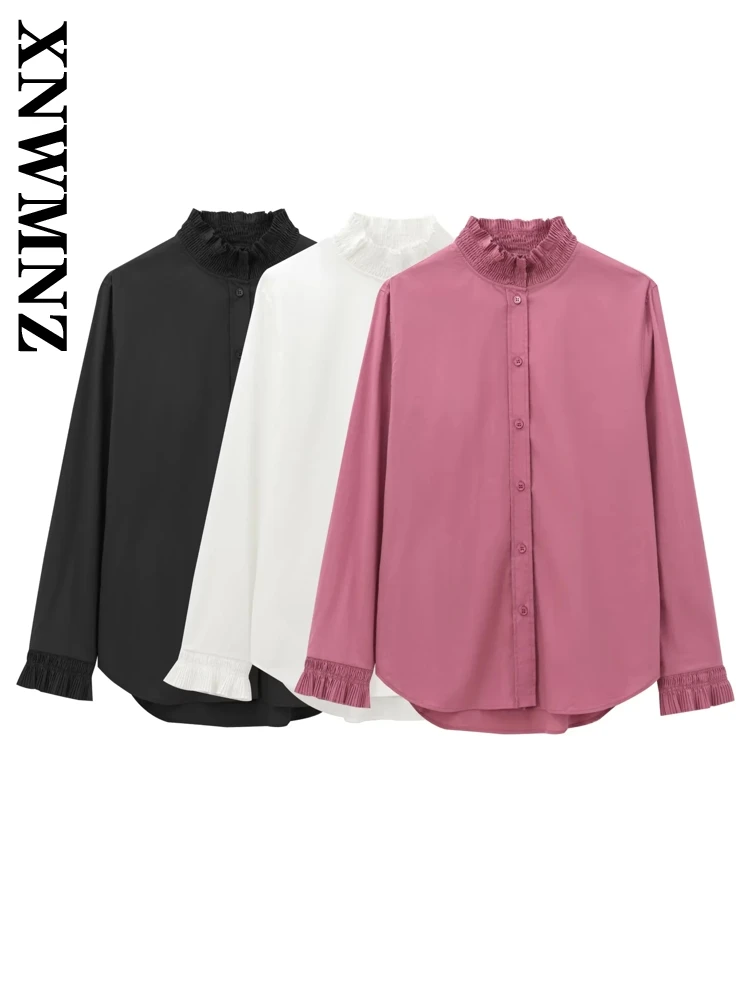 XNWMNZ 2024 Autumn Woman Hipster Shirt Top Sophisticated Woman's Long Sleeve Stand Collar Outerwear Ruffles Regular Fit Ruched