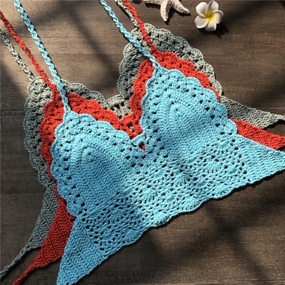 Holiday Halter Neck Vest Beachwear Knit Bralette Bra Boho Beach Camisoles Bikini Tank Backless Tops Crochet Crop Top