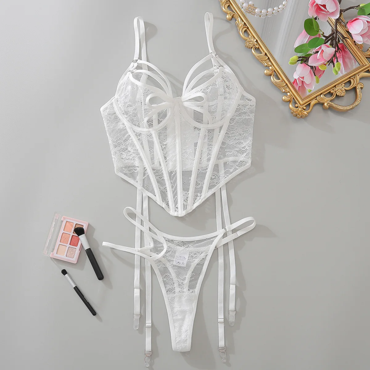 

Sexy Lace Hollow Out See Through Bra Set Women's Pure Desire Style Lingerie Without Taking Off Temptation Female White Underwear