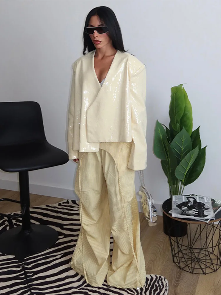 

Chic Sequins Glitter Women's Jacket Loose V-neck Long Sleeve Button Shoulder Pads Blazer Coat 2025 Autumn Street Outerwears