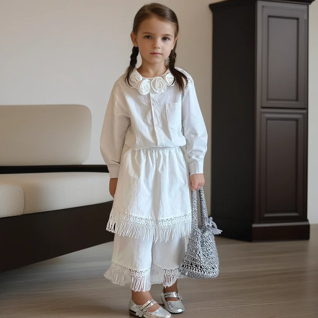 

Girls Outfit Fashion Vintage Floral Collar Blouse Fringe Hem Culottes 2-piece Fall School Girl Clothes Set Elegant Daily Costume