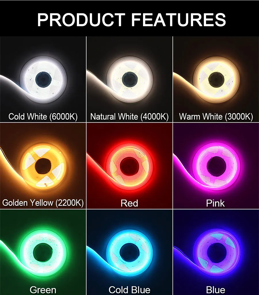 Tira de luz LED COB flexible muy delgada de 5 mm 24 V 12 V alto brillo CRI 90 Rojo Verde Rosa Amarillo Color azul hielo FCOB Cinta LED para techo de