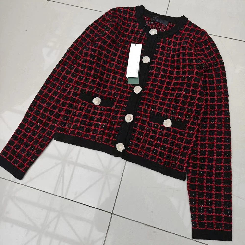 

Spring 2026 Women's Slim Fit ort Cardigan Coat round Ne Long Sve Button up Knitwear Faion Commute Sle Plaid Pattern