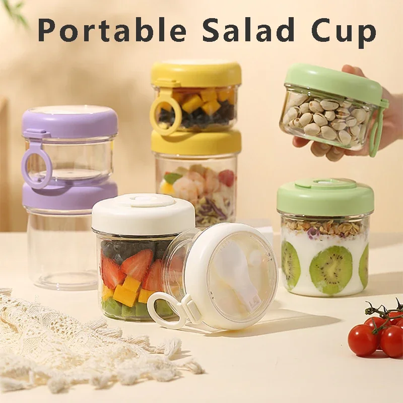 フォーク付きポータブルプラスチック朝食カップ、オートシリアルミール、ナッツ、ヨーグルト、サラダ、ピクニック弁当箱、学生用食品保存容器