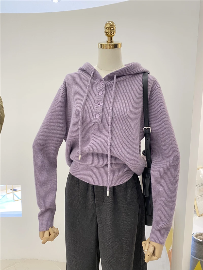 

Фиолетовый повседневный вязаный свитер женский осенне-зимний свободный пуловер с капюшоном свитер в корейском стиле однотонный трикотаж топы