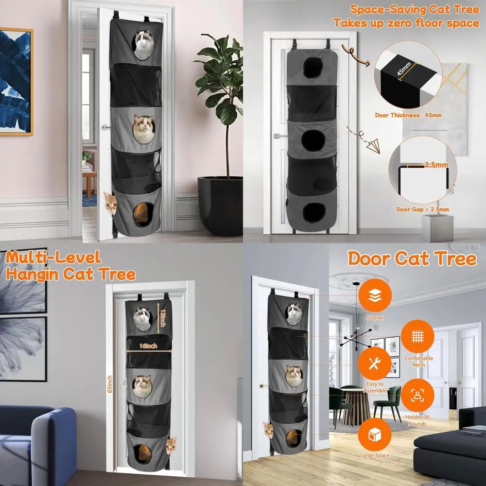 

Door-Mounted 5-Tier Cat Tree for Multiple Cats, Space-Efficient Hanging Shelf, Easy Assembly, Fits Doors Under 80 (Grey)