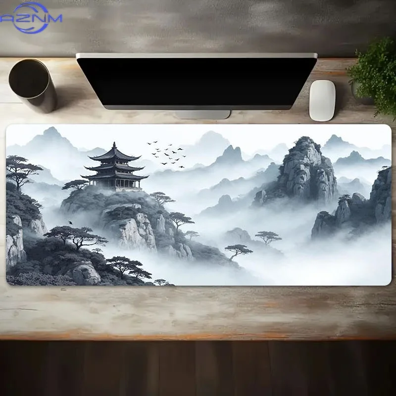 Mouse Pad Featuring an East Asian Landscape, Measuring */Cm, Made of Rubber. It Showcases a Tranquil Design with a Pagoda And Pi