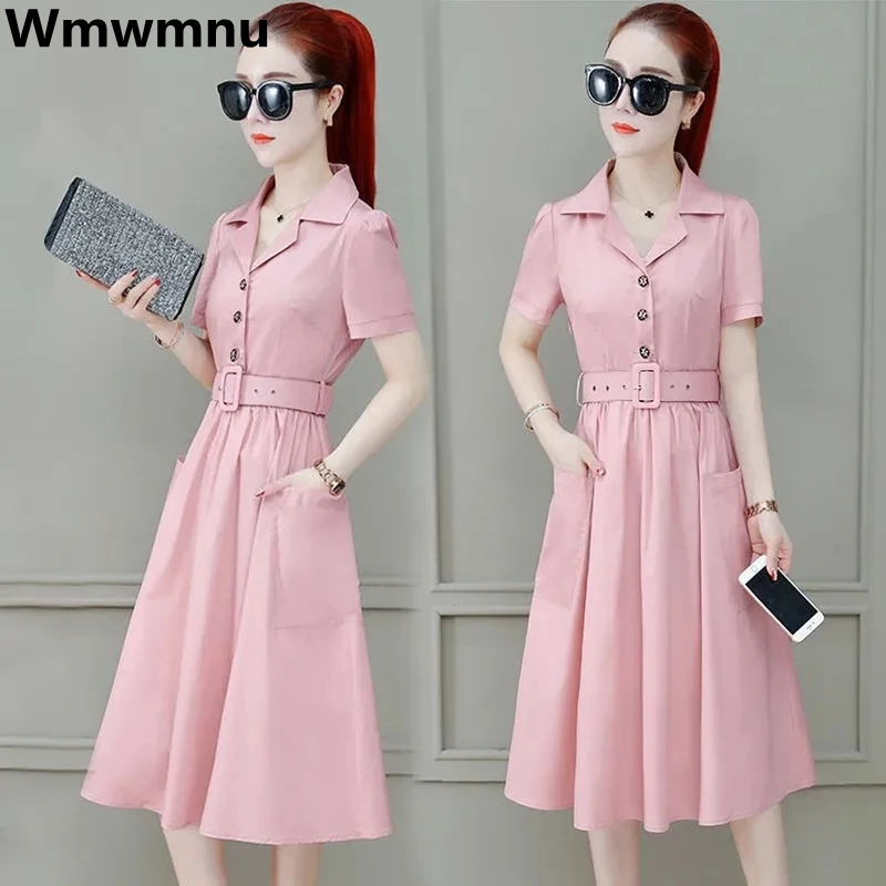 Belt Oversize 4xl Korean Notched Collar Dress Chic Short Sleeve Casual Fashion Women Midi Vestidos A-line Elegant Summer Dresses