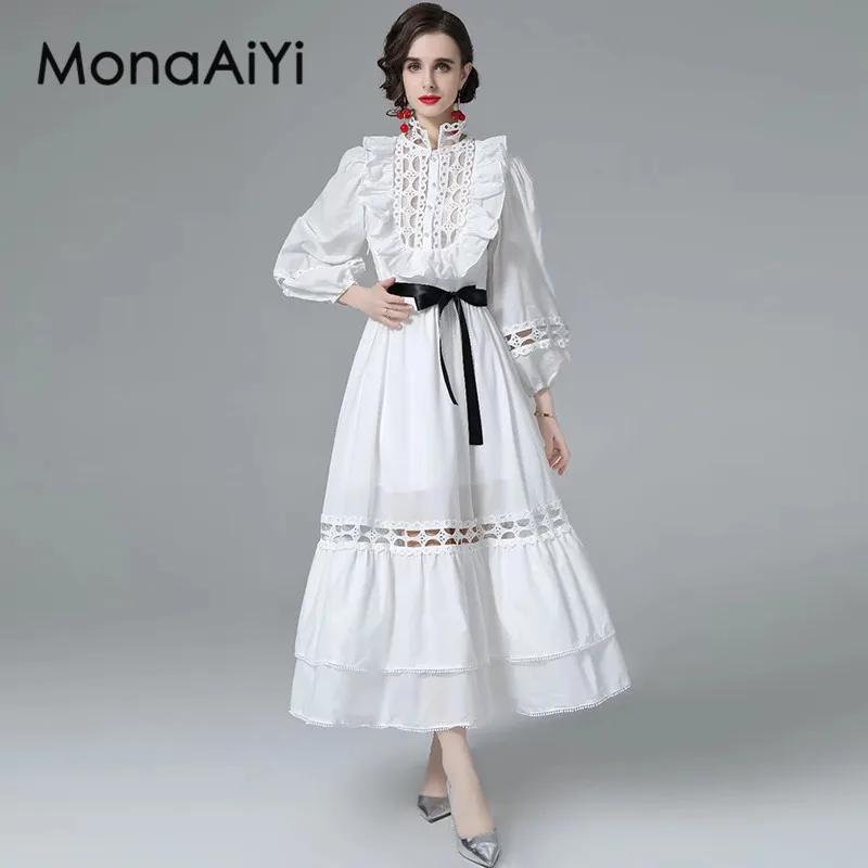 

MonaAiYi Autumn Women's A-Line Dress Lantern Sleeved Lace-Up Flounced Edge Hollow Out Vintage Party Ball Gown Dresses