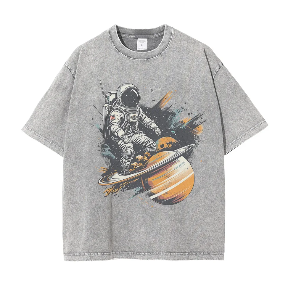 Astronaut Rides on Rocket Print Graphic T Shirts for Men Drop Shoulder Vintage Oversized T Shirt Heavy Pure Cotton Men\'s Tops