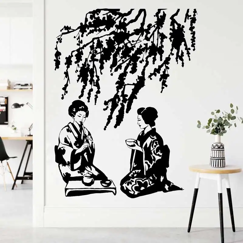 Japanese Traditional Geisha Vinyl Wall Sticker Girs Tea Ceremony Cherry Blossom Tree Japanese Clubhouse Teahouse Spa Decor Decal