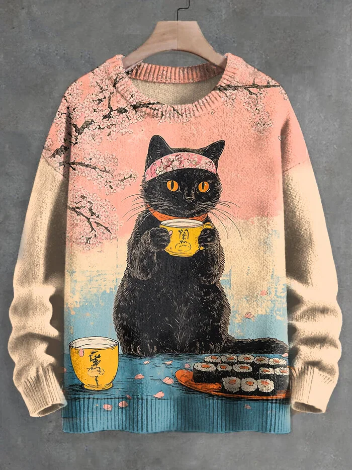 

Men's Sakura Black Cat Sushi Tea Art Print Knit Pullover Sweatshirt Unisex Comfortable Soft Hairband Included