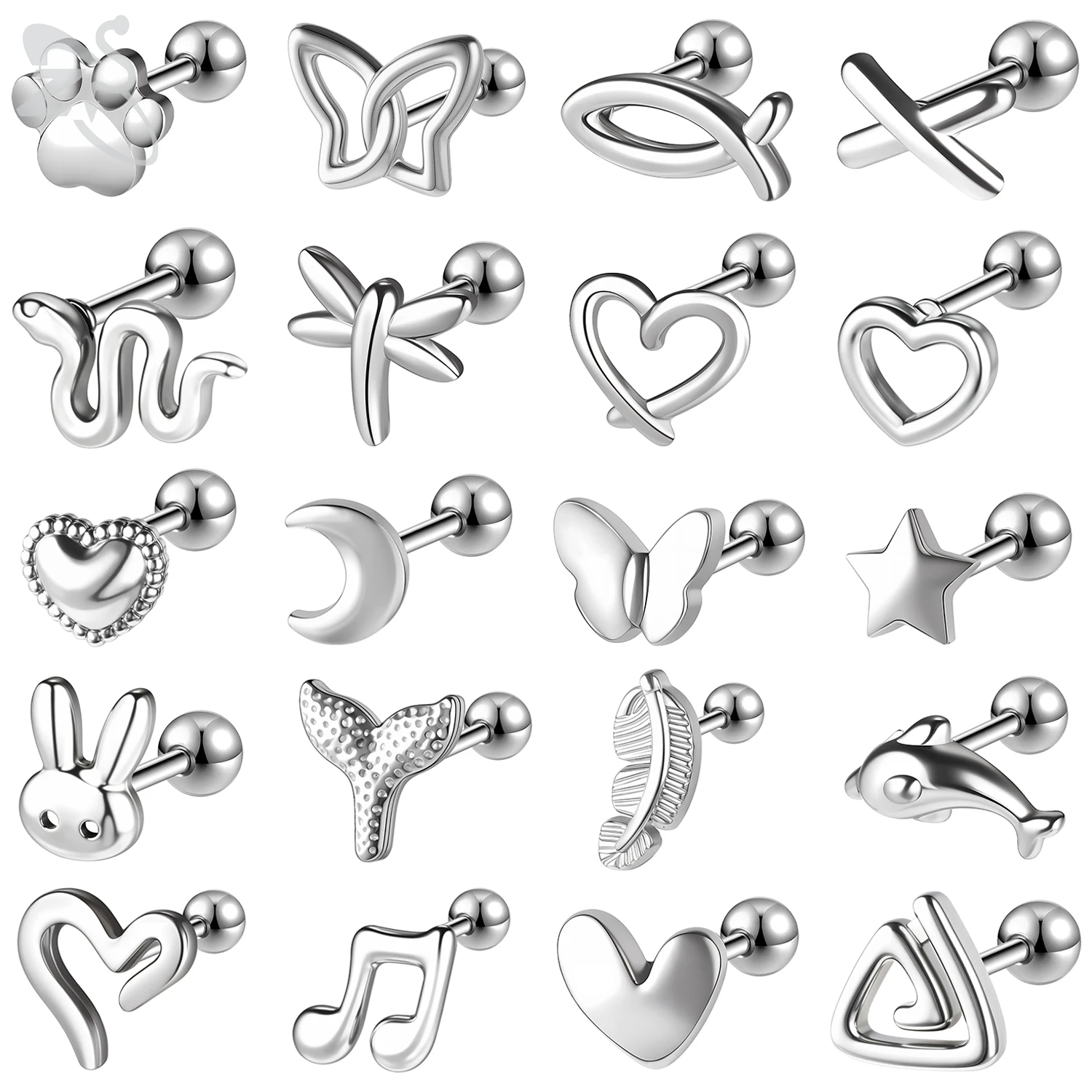 ZS 1 Paar Edelstahl-Ohrstecker für Damen und Mädchen, niedliche Kinder-Ohrringe, Herz, Kaninchen, 20 g, Knorpel-Helix-Piercing-Schmuck