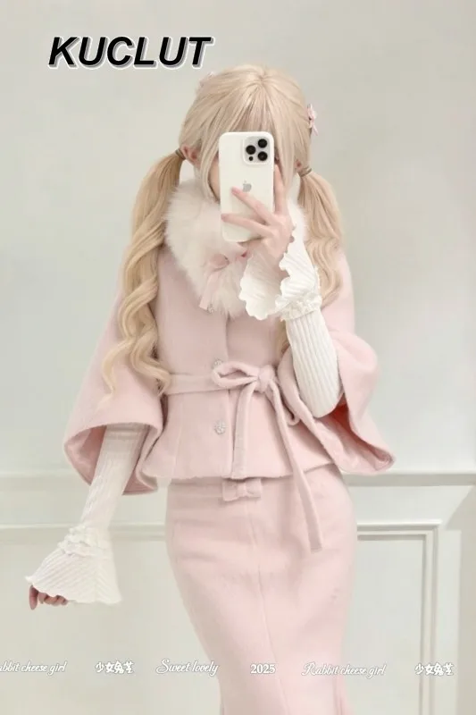 Girl Three-Piece Set for Women Autumn Winter Sweet and Cute Base Layer Pink Elegant Woolen Coat Waist-Tie Fishtail Skirt Set