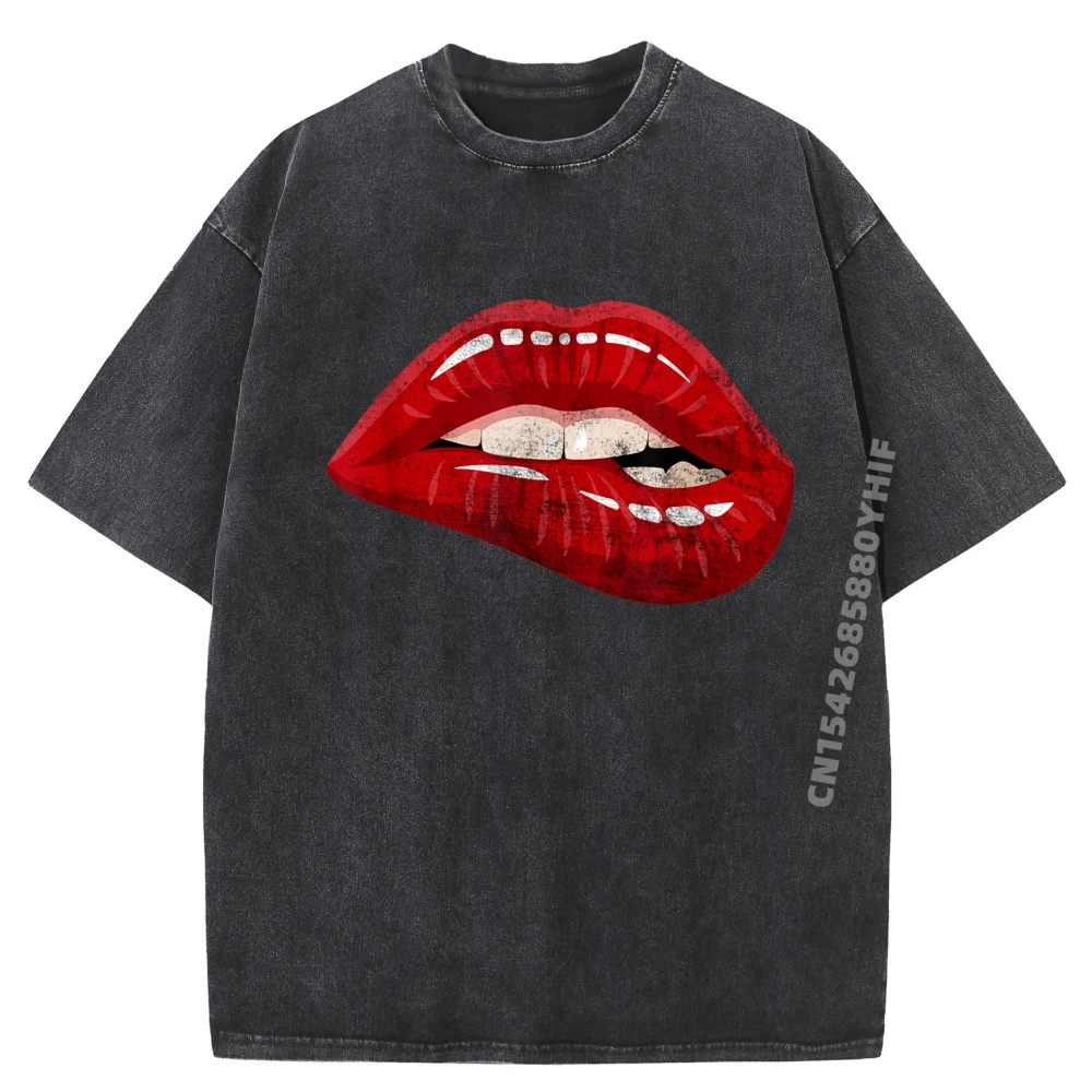 

Мужчины - женщины - иллюстрации, рубашки с рисунком «Красные кусающие губы», мужская классическая стираная футболка с коротким рукавом, обычные мужские топы