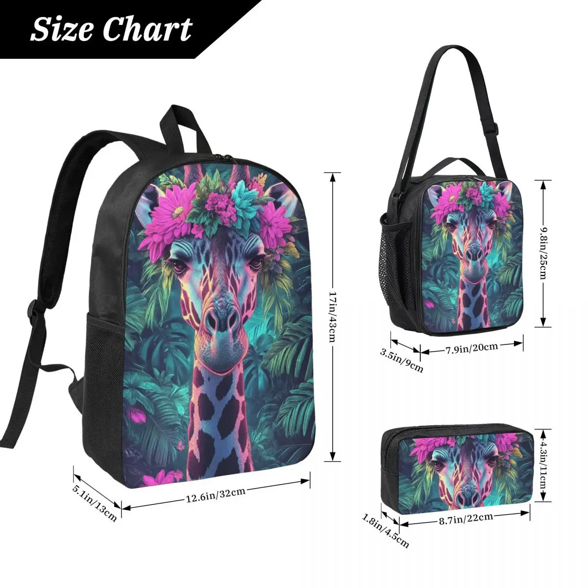 Giraffe With Floral Crown Cute Animal Backpack BookBag School Bag Computer Shoulder Bags 3ps Insulated Lunch Bag Pencil Case