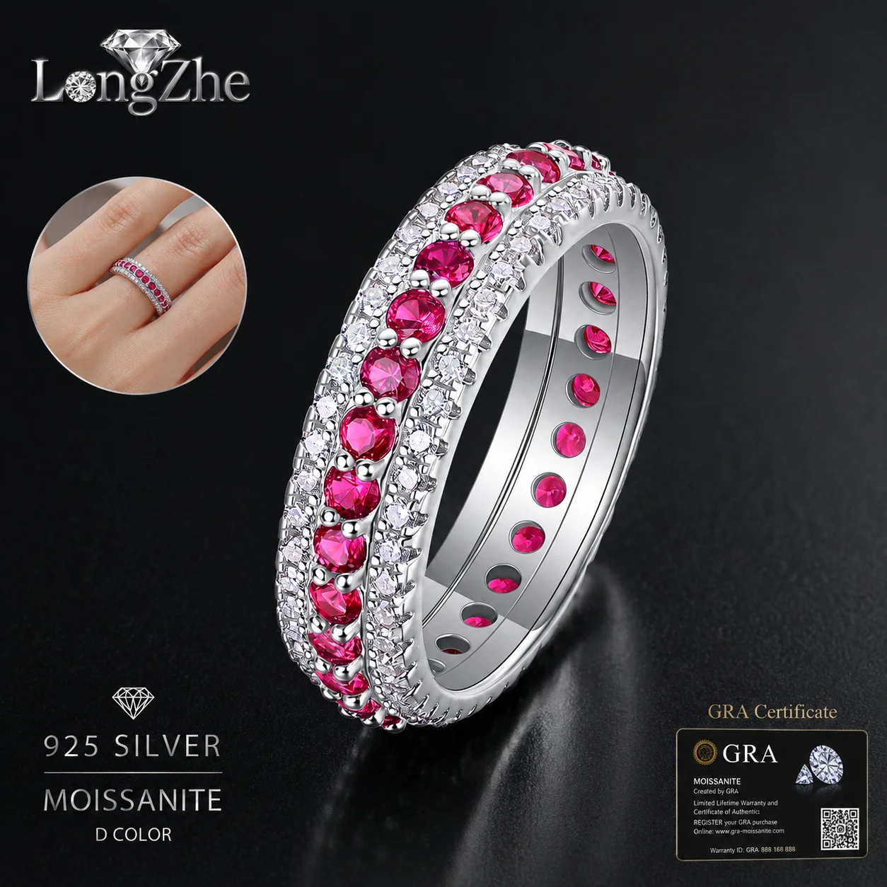 Moissanite Band Ring for Women S925 Sterling Silver 1.2mm White Stones 2mm Red Blue Green Gemstone Wedding Jewelry Gift