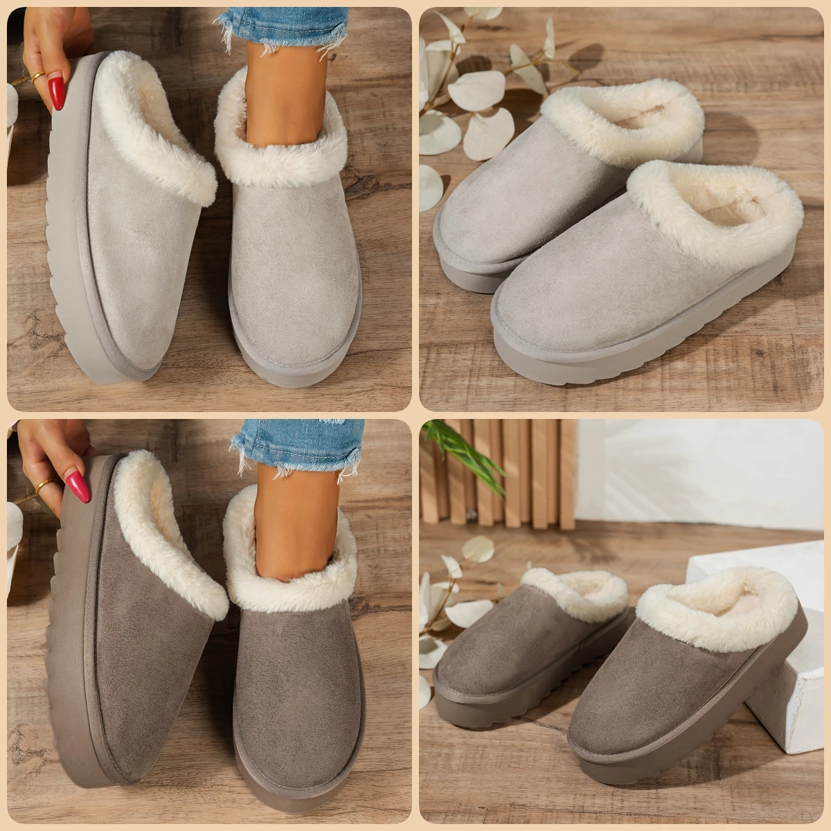 Sepatu kasual wanita musim dingin, berbulu tebal, sol tebal, anti selip untuk dalam ruangan dan hangat dengan lapisan bulu.