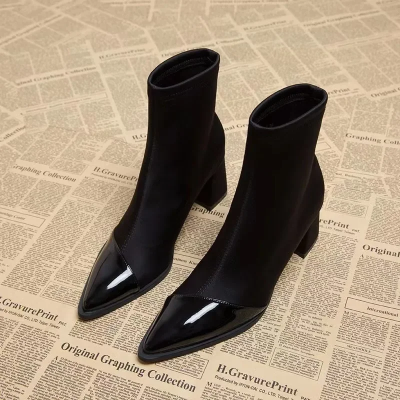 2025 Comfortable Patchwork Elastic Fabric Women\'s Ankle Boots Pointed Black Brown Women\'s Pointed Thick Heel High Top Slim Boots