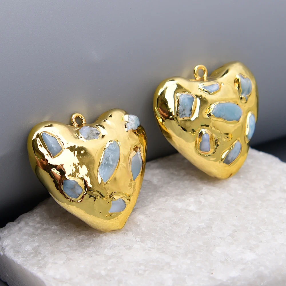 APDGG 5 Pcs 28x33mm Big Natural Blue Larimar Stone Heart Shaped Gold Plated Pendant Charms Jewelry DIY